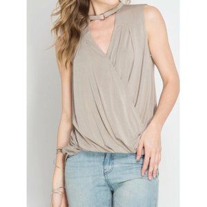 Hi-Lo Sleeveless Surplice Top With Neck O-Ring